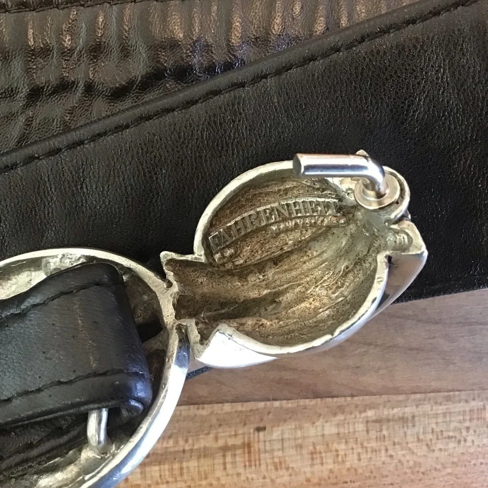 Fahrenheit NY vintage pewter buckle black leather belt. Connie Bates. 39…
